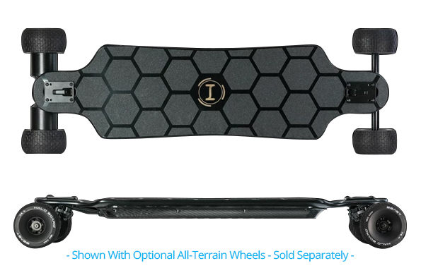 Halo Board Beast electric skateboard with street wheels (top) and all-terrain wheels (bottom)