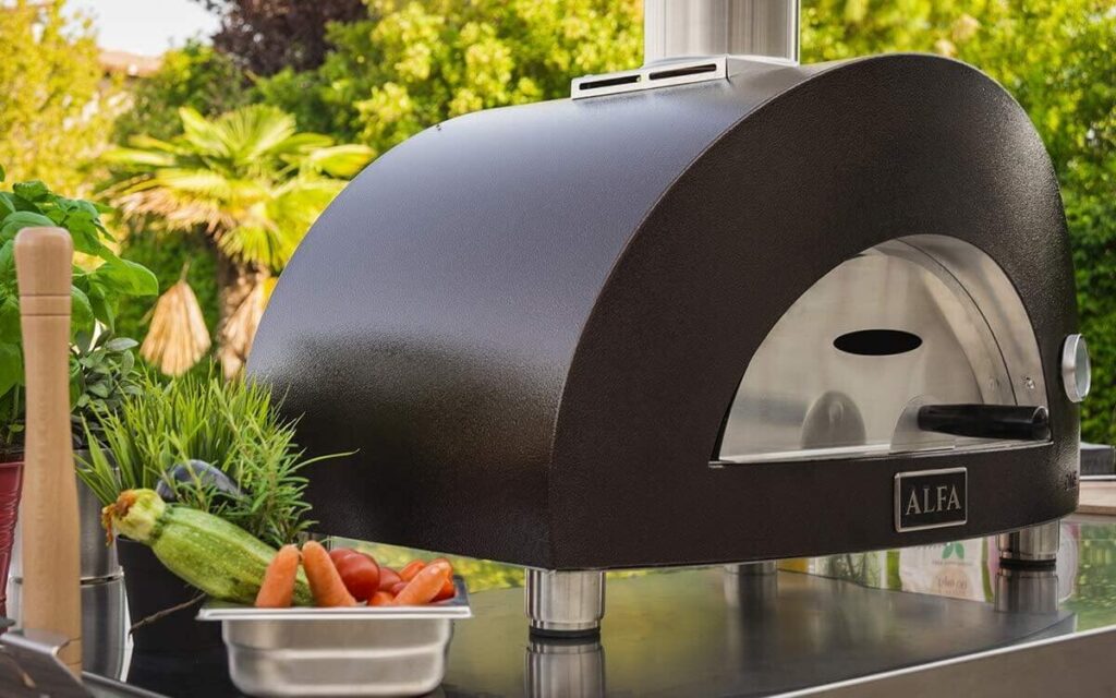 Alfa modern dark brown countertop outdoor pizza oven with fresh ingredients
