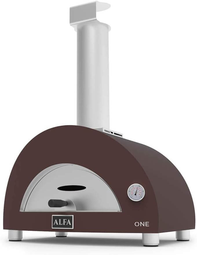 Alfa Nano compact wood-fired pizza oven showing the dome design, stainless steel door, chimney, and thermometer for outdoor cooking.