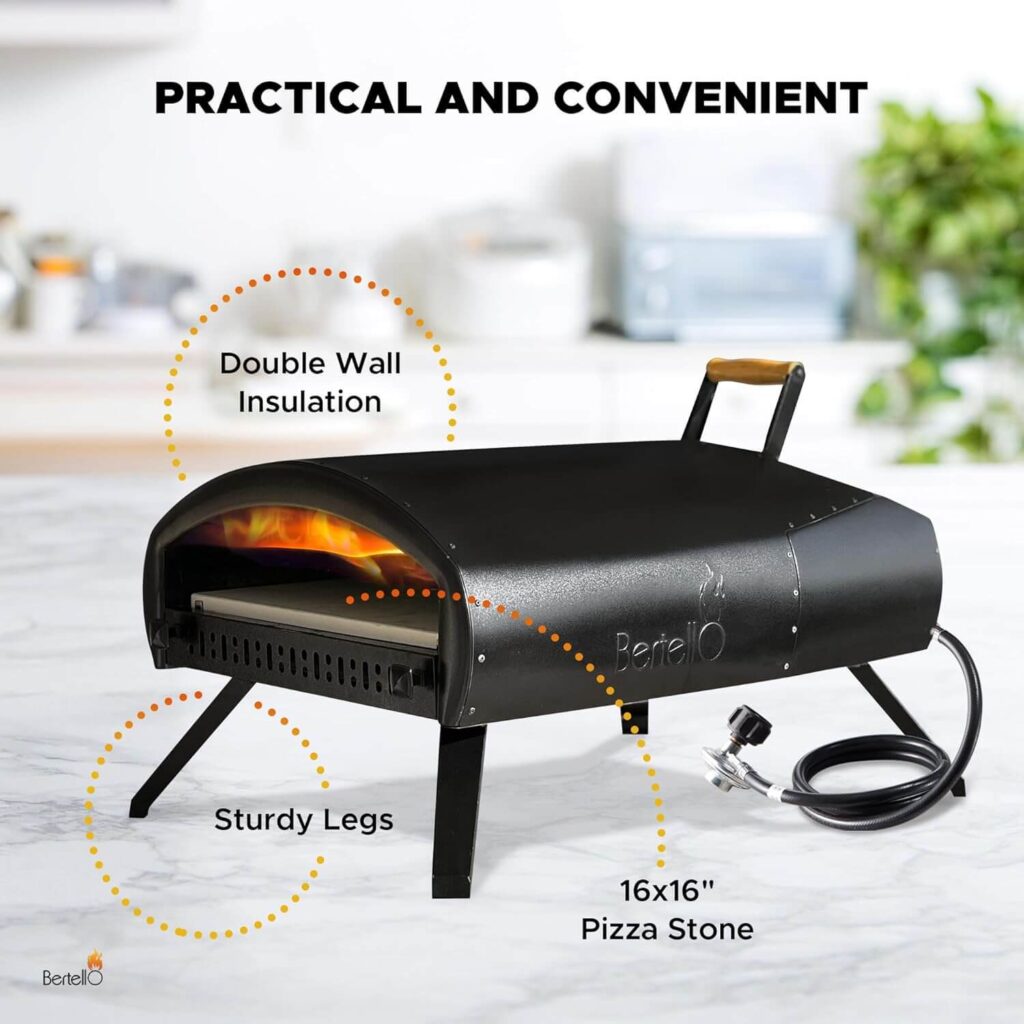 Bertello Grande 16-inch outdoor gas pizza oven with double-wall insulation, sturdy legs, and a 16×16 pizza stone